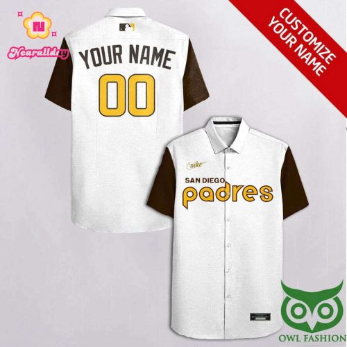 Personalized San Diego Padres White and Brown Hawaiian Shirt with Name and Number