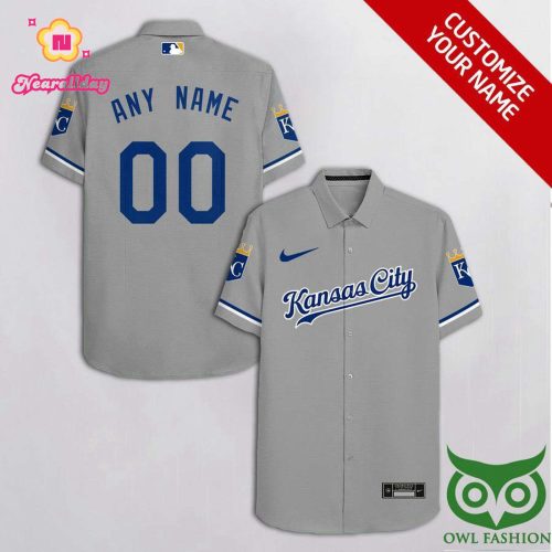 Custom Kansas City Royals Hawaiian Shirt in Gray with Blue Cassette Design