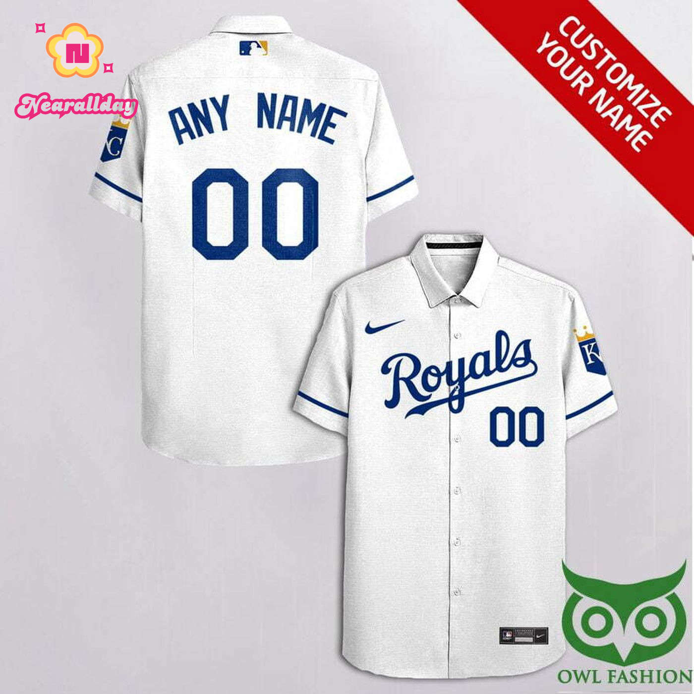 Custom Kansas City Royals White Hawaiian Shirt with Team Logo on Sleeves Custom Kansas City Royals White Hawaiian Shirt with Team Logo on Sleeves