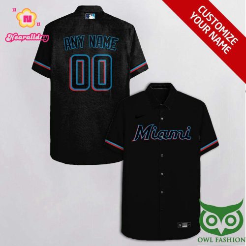 Personalized Miami Marlins Hawaiian Shirt in Black with Blue and Red Team Name