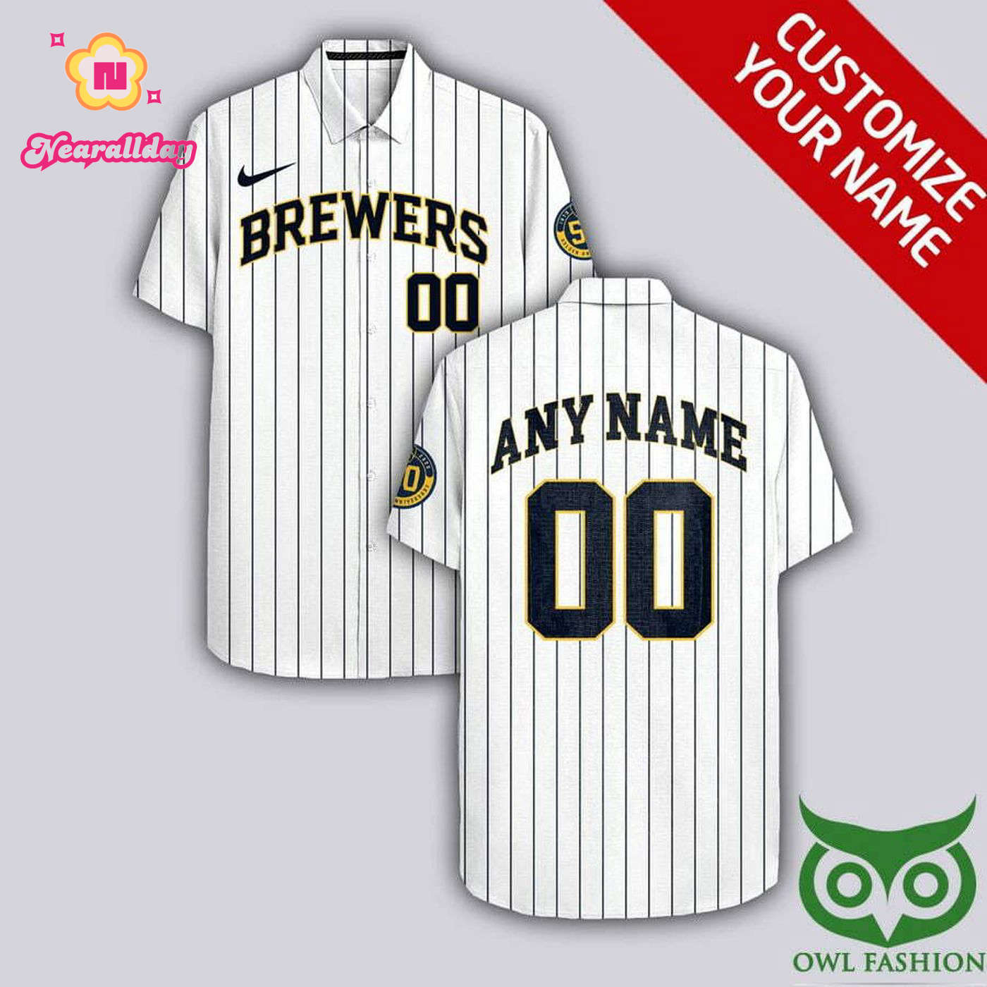 Milwaukee Brewers White Hawaiian Shirt with Dark Blue Stripes – Customizable Milwaukee Brewers White Hawaiian Shirt with Dark Blue Stripes – Customizable