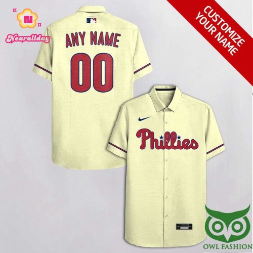 Personalized Philadelphia Phillies Beige & Dark Blue Hawaiian Shirt - Custom MLB Fan Apparel