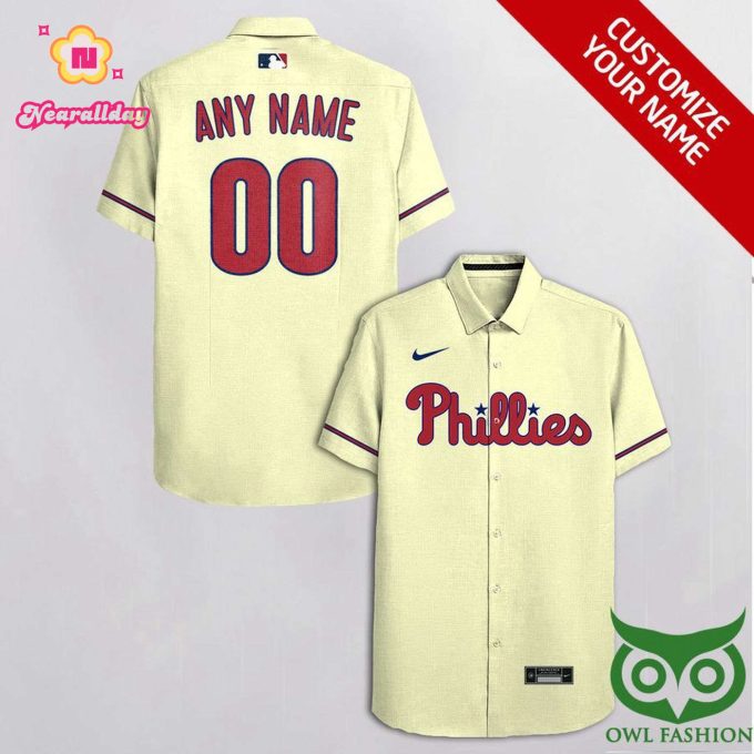 Personalized Philadelphia Phillies Beige & Dark Blue Hawaiian Shirt – Custom MLB Fan Apparel
