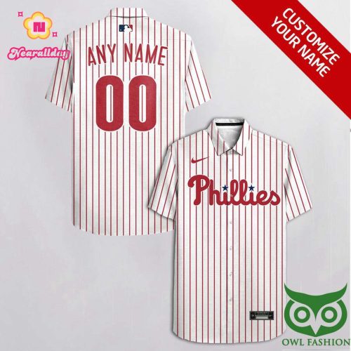 Personalized Philadelphia Phillies White Hawaiian Shirt with Red Stripes