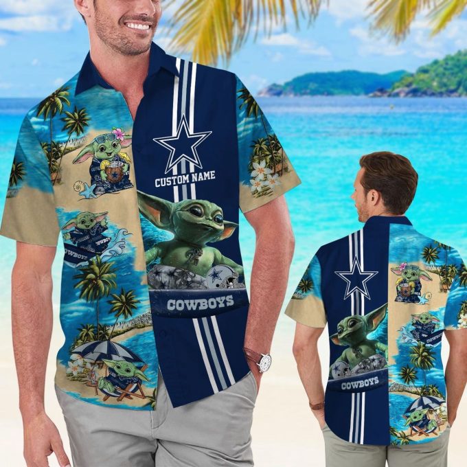 Dallas Cowboys Baby Yoda Name Personalized Short Sleeve Button Up Tropical Aloha Hawaiian Shirt Set for Men Women Kids