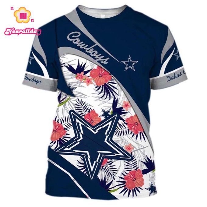 Dallas Cowboys Hibiscus Flower Pattern 3D Tshirt, Gift For Fan