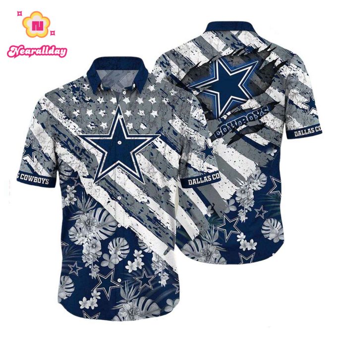 Dallas Cowboys Vtg American Flag Graphic And Floral Pattern Hawaiian Shirt, Limited Style Summer