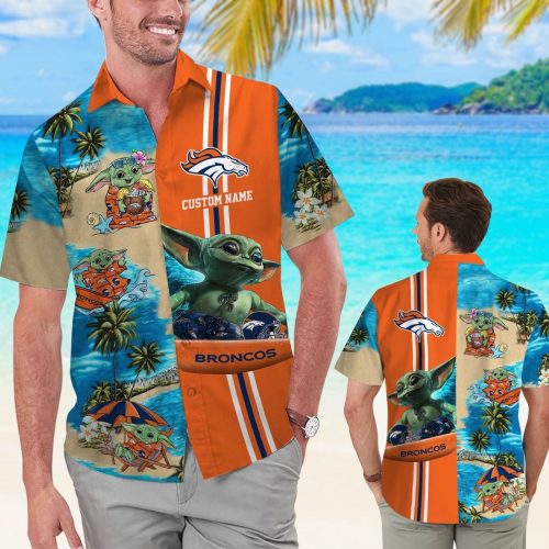 Denver Broncos Baby Yoda Name Personalized Short Sleeve Button Up Tropical Aloha Hawaiian Shirt Set for Men Women Kids