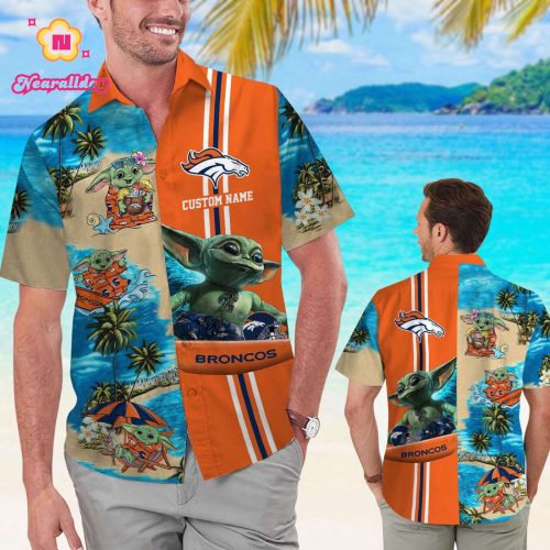 Denver Broncos Baby Yoda Name Personalized Short Sleeve Button Up Tropical Aloha Hawaiian Shirt Set for Men Women Kids