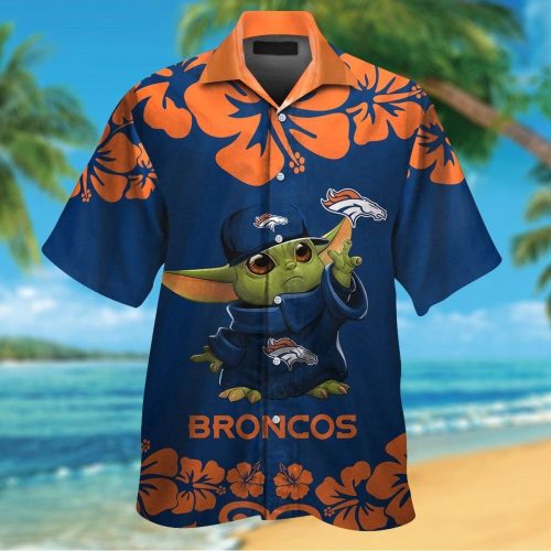 Denver Broncos Baby Yoda Short Sleeve Button Up Tropical Aloha Hawaiian Shirt Set for Men Women Kids