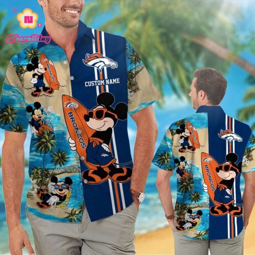Denver Broncos Mickey Name Personalized Short Sleeve Button Up Tropical Aloha Hawaiian Shirt Set for Men Women Kids