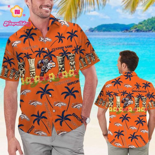 Denver Broncos Name Personalized Short Sleeve Button Up Tropical Aloha Hawaiian Shirt Set for Men Women Kids