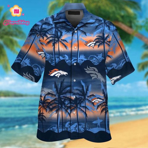 Denver Broncos Short Sleeve Button Up Tropical Aloha Hawaiian Shirt Set for Men Women Kids Gift