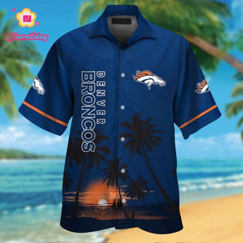 Denver Broncos Short Sleeve Button Up Tropical Aloha Hawaiian Shirt Set for Men Women Kids Gift
