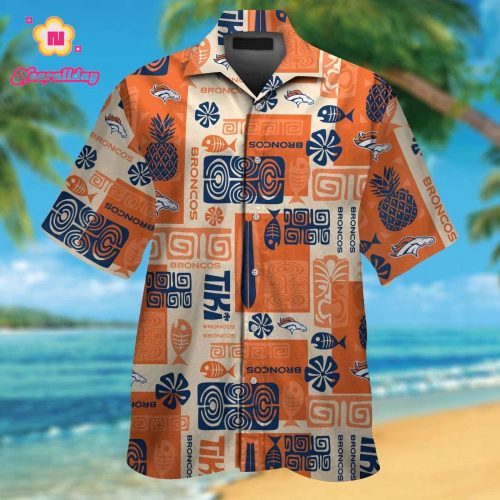 Denver Broncos Short Sleeve Button Up Tropical Aloha Hawaiian Shirt Set for Men Women Kids Gift