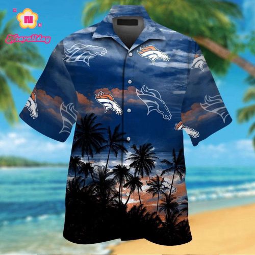 Denver Broncos Short Sleeve Button Up Tropical Aloha Hawaiian Shirt Set for Men Women Kids Gift