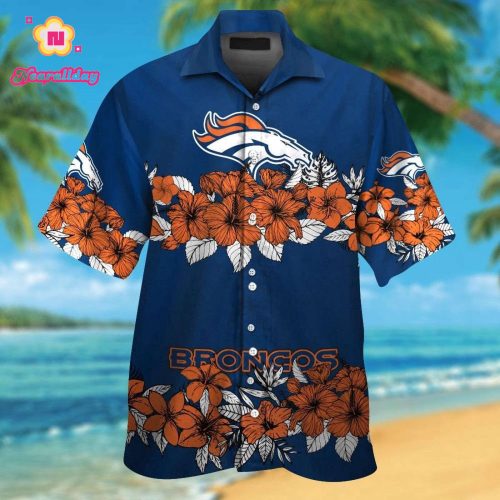 Denver Broncos Short Sleeve Button Up Tropical Aloha Hawaiian Shirt Set for Men Women Kids Gift