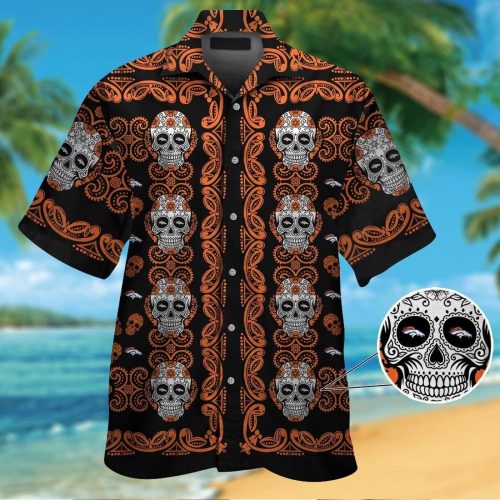 Denver Broncosskull Short Sleeve Button Up Tropical Aloha Hawaiian Shirt Set for Men Women Kids Gift