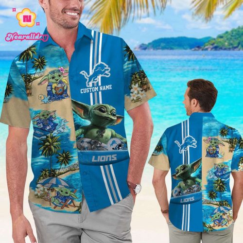 Detroit Lions Baby Yoda Name Personalized Short Sleeve Button Up Tropical Aloha Hawaiian Shirt Set for Men Women Kids