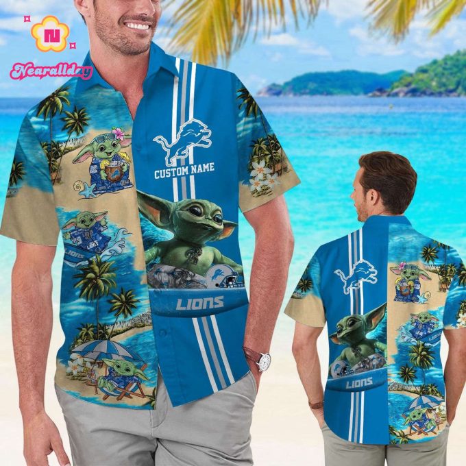 Detroit Lions Baby Yoda Name Personalized Short Sleeve Button Up Tropical Aloha Hawaiian Shirt Set for Men Women Kids