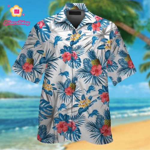 Detroit Lions Short Sleeve Button Up Tropical Aloha Hawaiian Shirt Set for Men Women Kids Gift