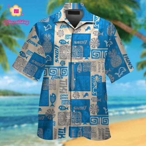 Detroit Lions Short Sleeve Button Up Tropical Aloha Hawaiian Shirt Set for Men Women Kids Gift