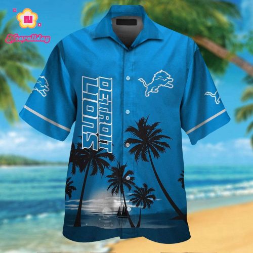 Detroit Lions Short Sleeve Button Up Tropical Aloha Hawaiian Shirt Set for Men Women Kids Gift