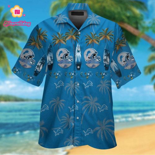 Detroit Lions Short Sleeve Button Up Tropical Aloha Hawaiian Shirt Set for Men Women Kids Gift