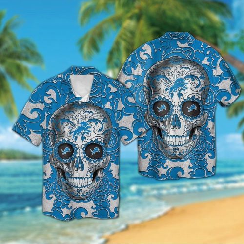 Detroit Lions Sugarskull Short Sleeve Button Up Tropical Aloha Hawaiian Shirt Set for Men Women Kids