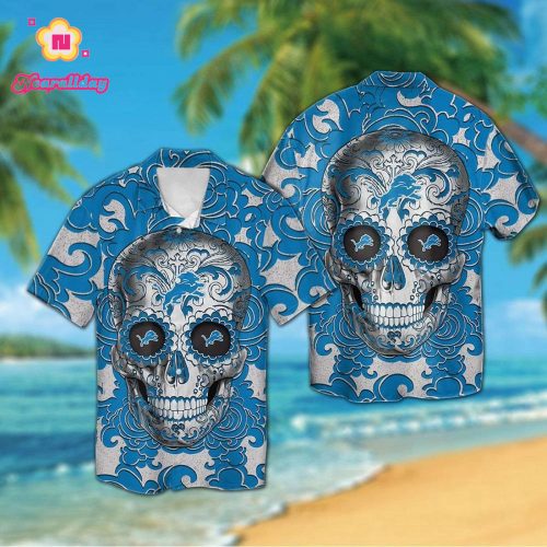 Detroit Lions Sugarskull Short Sleeve Button Up Tropical Aloha Hawaiian Shirt Set for Men Women Kids