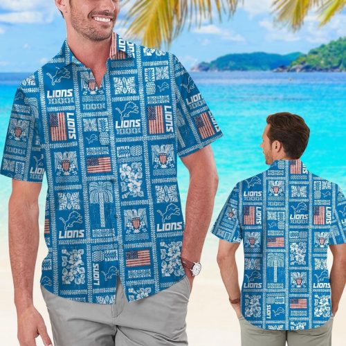 Detroit Lions Summer Commemorative Short Sleeve Button Up Tropical Aloha Hawaiian Shirt Set for Men Women Kids