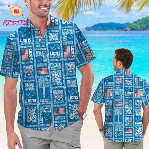 Detroit Lions Summer Commemorative Short Sleeve Button Up Tropical Aloha Hawaiian Shirt Set for Men Women Kids