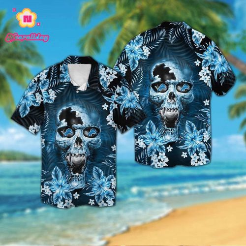Detroit Lionsskull Short Sleeve Button Up Tropical Aloha Hawaiian Shirt Set for Men Women Kids Gift