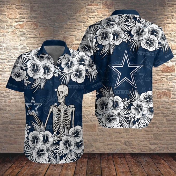 Gift For Fans, Dallas Cowboys Skeleton and Flower 3D Hawaiian Shirt
