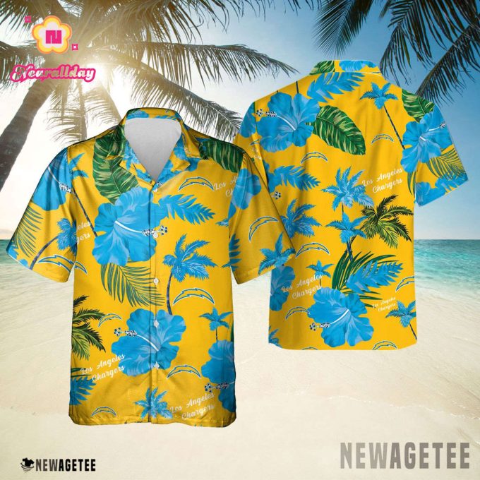 Los Angeles Chargers Nfl Color Hibiscus Button Up Hawaiian Shirt