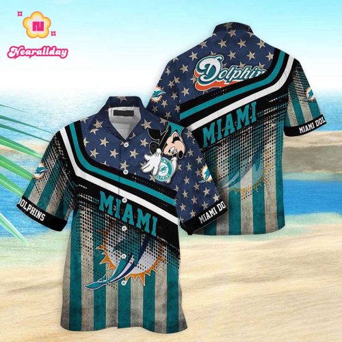 Miami Dolphins Hawaiian Shirt Dolphins Mickey Graphic American Flag Hawaiian Shirt