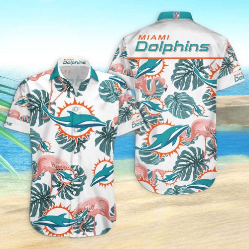 Miami Dolphins Hawaiian Shirt Dolphins Palm Leaves And Flamingo Hawaiian Shirt
