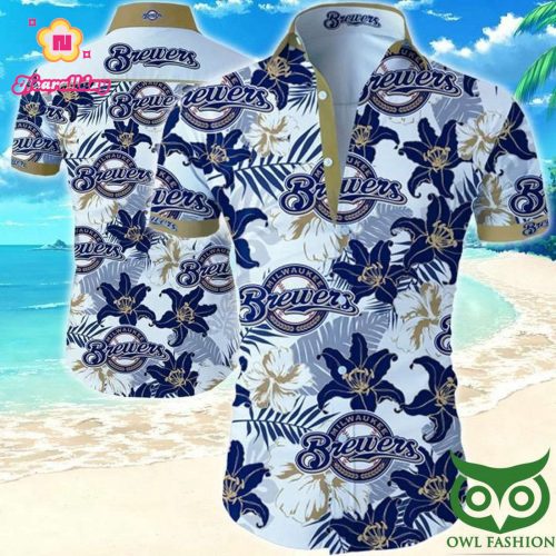 Milwaukee Brewers White and Dark Blue Flowers Hawaiian Shirt – Official MLB Merchandise