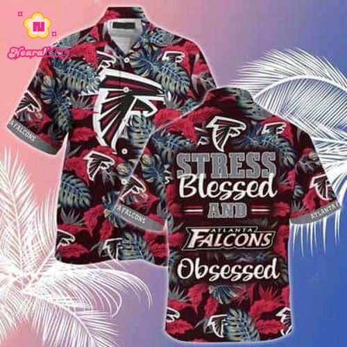 NFL Atlanta Falcons Hawaiian Shirt Stress Blessed Obsessed Tropical Palm Leaves Pattern