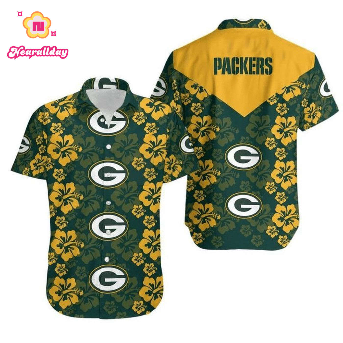 NFL Green Bay Packers Green Yellow Flower Hawaiian Shirt Aloha Shirt NFL Green Bay Packers Green Yellow Flower Hawaiian Shirt Aloha Shirt