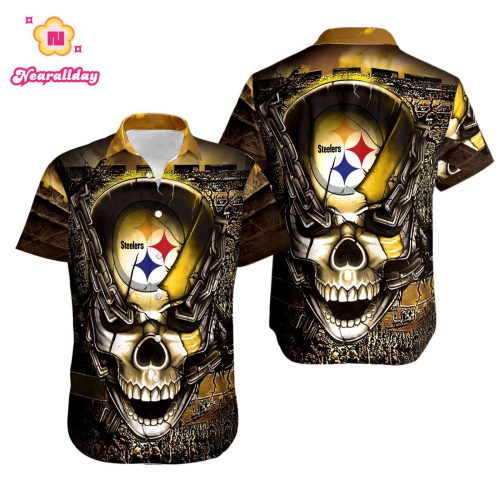 NFL Pittsburgh Steelers Iron Skull Golden Black Hawaiian Shirt Men & Women Aloha Shirt