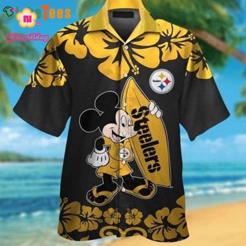 NFL Pittsburgh Steelers Logo Mickey Holding A Surfboard Steelers Hawaiian Shirt  Perfect Gifts For Your Loved Ones