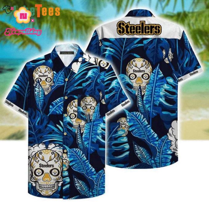 NFL Pittsburgh Steelers Logo Skull And Leafs Pattern Steelers Hawaiian Shirt  Perfect Gifts For Your Loved Ones
