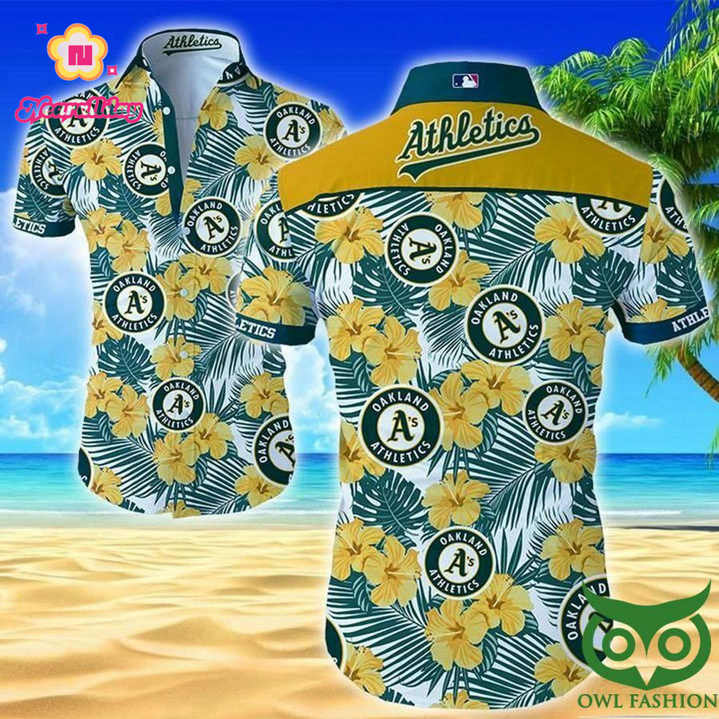 Oakland Athletics Hawaiian Shirt with White and Yellow Flowers Oakland Athletics Hawaiian Shirt with White and Yellow Flowers