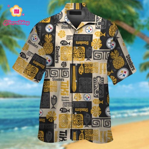 Pittsburgh Steelers Short Sleeve Button Up Tropical Aloha Hawaiian Shirt Set for Men Women Kids Gift