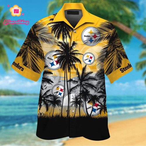 Pittsburgh Steelers Short Sleeve Button Up Tropical Aloha Hawaiian Shirts Shirt Hawaiian Shirt Set for Men Women Kids