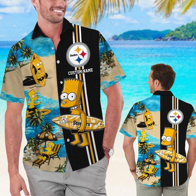 Pittsburgh Steelers Simpsons Name Personalized Short Sleeve Button Up Tropical Aloha Hawaiian Shirt Set for Men Women Kids