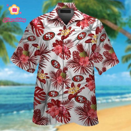 San Francisco 49ers Short Sleeve Button Up Tropical Aloha Hawaiian Shirt Set for Men Women Kids Gift