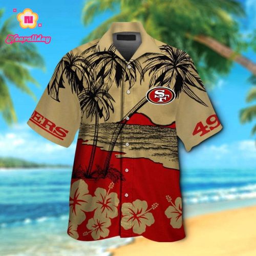 San Francisco 49ers Short Sleeve Button Up Tropical Aloha Hawaiian Shirt Set for Men Women Kids Gift