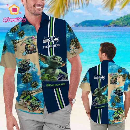 Seattle Seahawks Baby Yoda Name Personalized Short Sleeve Button Up Tropical Aloha Hawaiian Shirt Set for Men Women Kids
